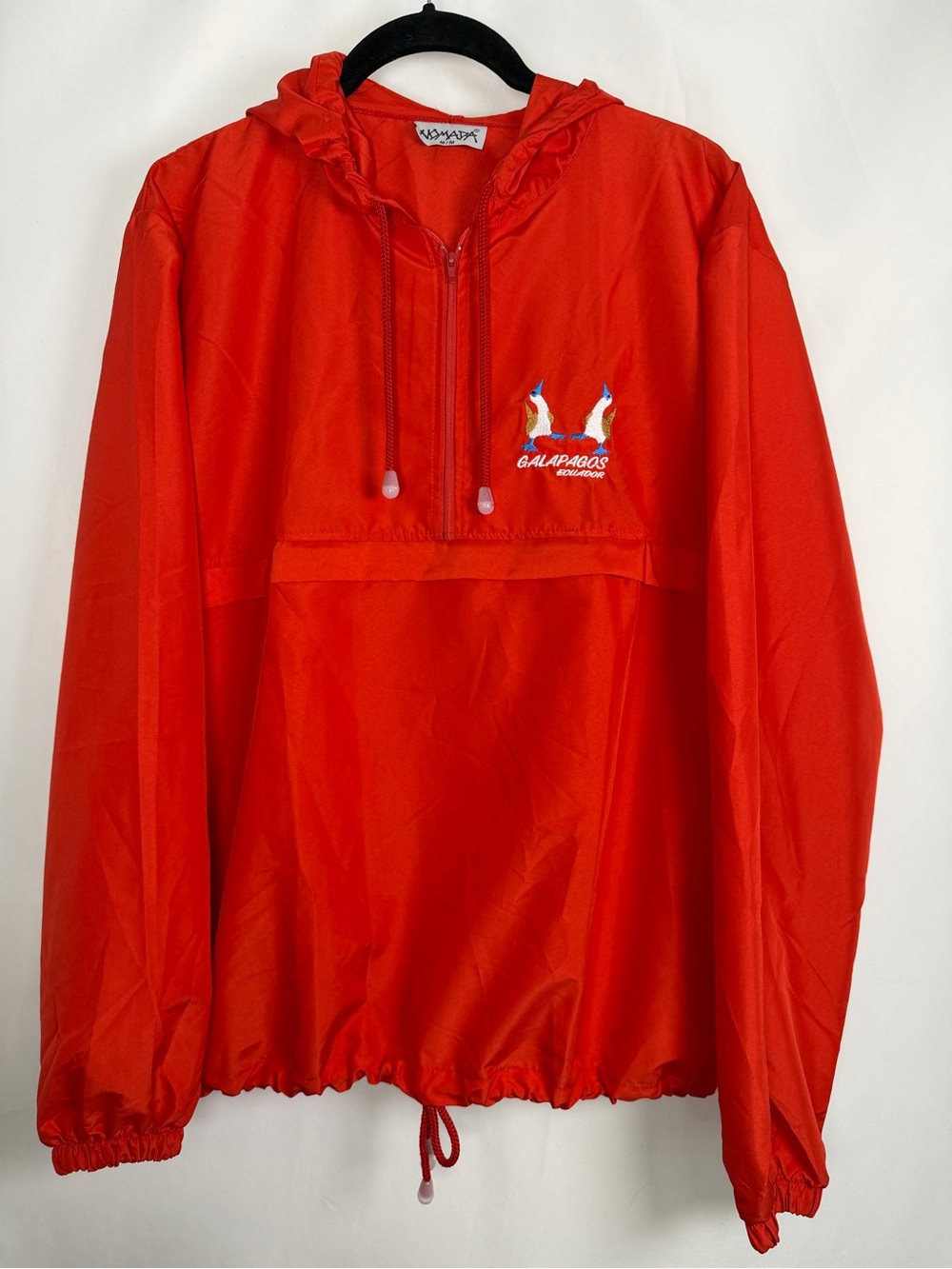 Red Windbreaker Anorak Jacket Embroidered Birds Galapagos Ecuador Souvenir - M